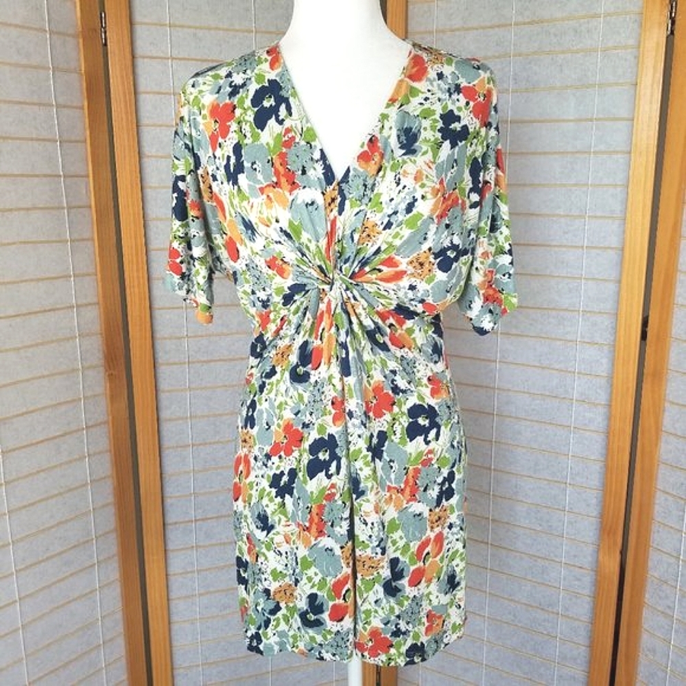 Ralph Lauren Knot Front Linen Blend Floral Mini Dress V-neck Fit and Flare